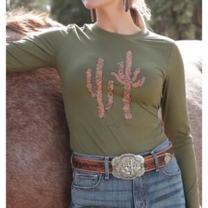 Cruel Denim NEW Cactus Graphic Olive Green Long Sleeve T Shirt SMALL